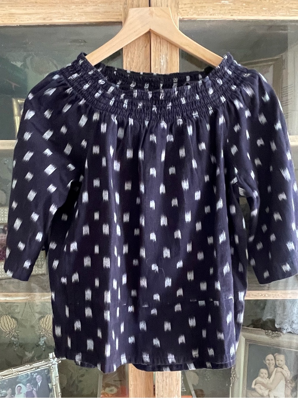 Current/Elliott Navy Smocked Blouse with White Ikat Motif